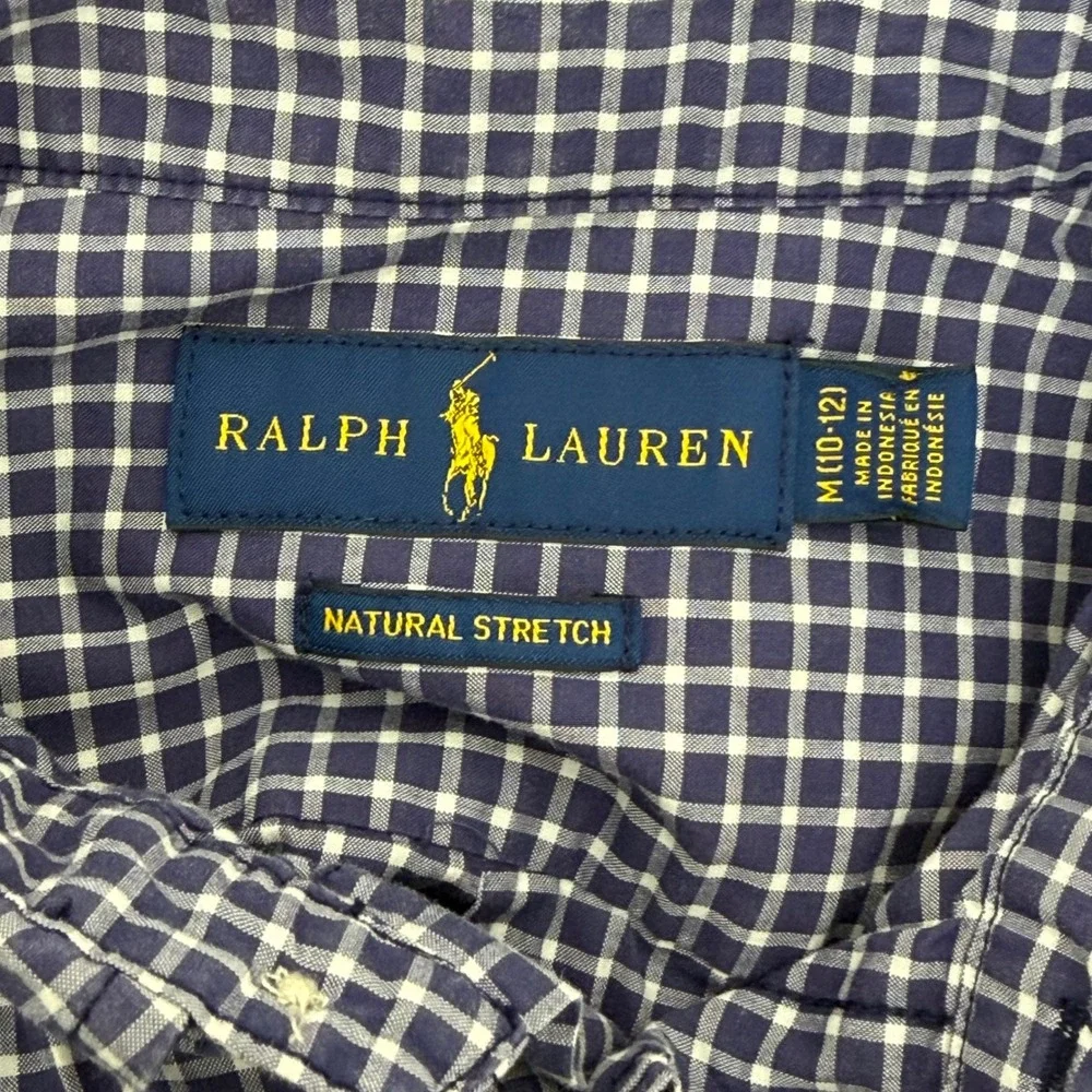 Ralph Lauren Button Up Boys Medium 10-12 Blue Plaid Shirt Long Sleeve Cotton